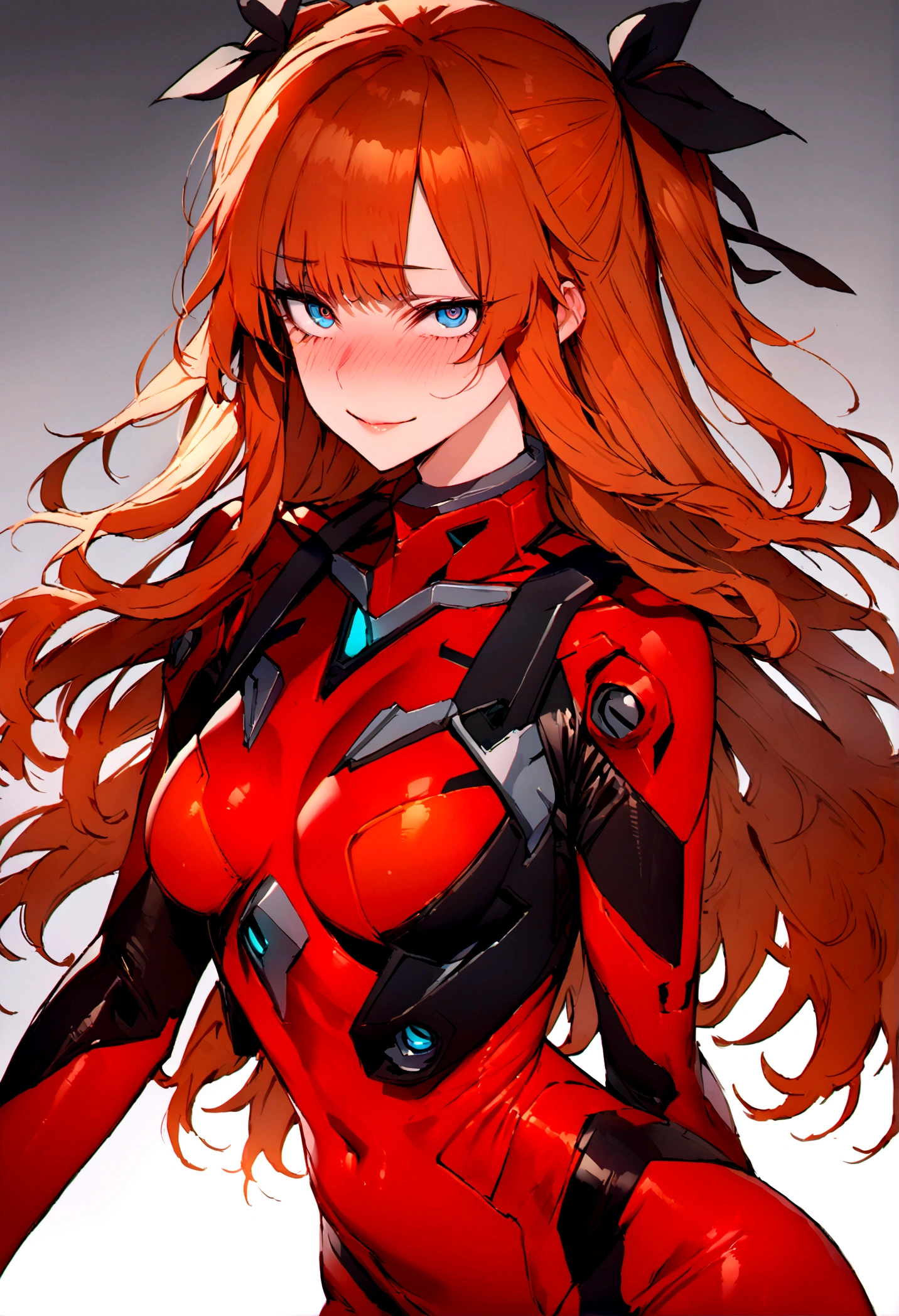 (masterpiece), best quality, expressive eyes, perfect face, 1girl, solo, blue eyes, dark orange Hair, Loose hair, hair ribbon, long hair, black ribbon, sidelocks, bangs two side up, smile, red skin-tight battle suit, slim figure, looking at viewer