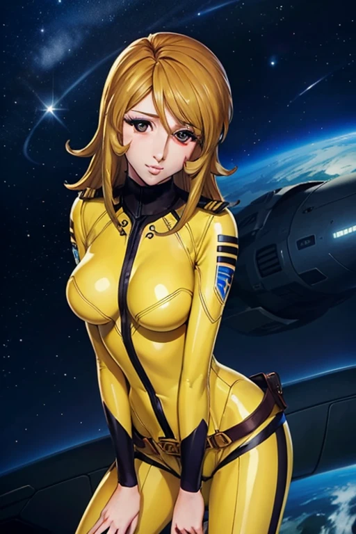 (masterpiece, Highest quality:1.2), (Cowboy Shot:1.1), Large Breasts, One Woman, Mori Yuki, smile, Mouth closed, blonde, Zippered bodysuit, flashing,Yellow bodysuit, Perfect fit for your skin, belt, from the front, (Spread your legs:1.3), (Are standing:1.1), Inside the spaceship, (Space View:1.1), (Orbital View:1.3), (night, Old Sky:1.5), milky way,Perfect hands, Perfect Anatomy,masterpiece, Highest quality, High resolution, blush, Sexy pose, Seductive pose, Full Shot, Soft studio light, Rim Light, Crisp details, Super detailed, Realistic skin texture, Detailed aspect, Beautiful attention to detail