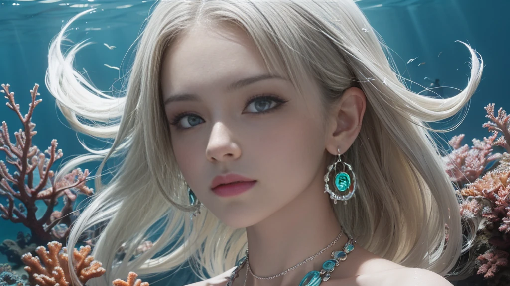 （Highest Quality Realistic Textured Skin),(terrible),(OK, round, Symmetrical eyes),Delicate facial features,(Burning bright cold eyes),(She has a mischievous smile),(Her face is kind and beautiful),Glass earrings in the ears,,(blonde),(Silvery white hair),(Chestnut Hair),(Swim at the bottom of the ocean)，(Full body portrait:1.5),(Dramatic Photos:1.4),(Dramatic Pose),(Flashy photos)(look up),(Looking down),(Around her neck is a simple necklace made with exquisite craftsmanship.),Cluttered photos，(Hair flowing in water:1.5),(Underwater, Life at sea, 美しいCoral Reef, fish),(Background vortices and currents),(Dramatic Light),(Nice views),(美しいfishに囲まれて),遠くの背景にはCoral Reefに沈んだ寺院が見える,Coral Reef,Spectacular realism,Cinematic atmosphere,(High-density image review:1.5),(Soft colors:1.2),Very detailed,Dramatic Light,(Intricate details:1.1),Complex background,