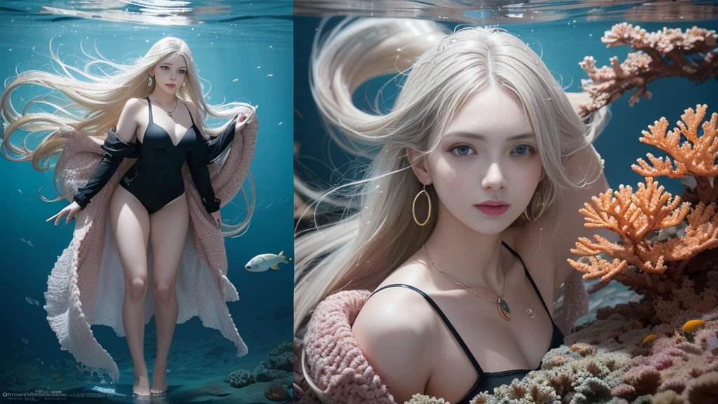 (Highest Quality Realistic Textured Skin),(terrible),(OK, round, Symmetrical eyes),Delicate facial features,(Burning bright cold eyes),(She has a mischievous smile),(Her face is kind and beautiful),Glass earrings in the ears,,(blonde),(Silvery white hair),(Chestnut Hair),(Swim at the bottom of the ocean),(Full body portrait:1.5),(Dramatic Photos:1.4),(Dramatic Pose),(Flashy photos)(look up),(Looking down),(Around her neck is a simple necklace made with exquisite craftsmanship.),Cluttered photos,(Hair flowing in water:1.5),(Underwater, Life at sea, 美しいCoral Reef, fish),(Background vortices and currents),(Dramatic Light),(Nice views),(美しいfishに囲まれて),遠くの背景にはCoral Reefに沈んだ寺院が見える,Coral Reef,Spectacular realism,Cinematic atmosphere,(High-density image review:1.5),(Soft colors:1.2),Very detailed,Dramatic Light,(Intricate details:1.1),Complex background,