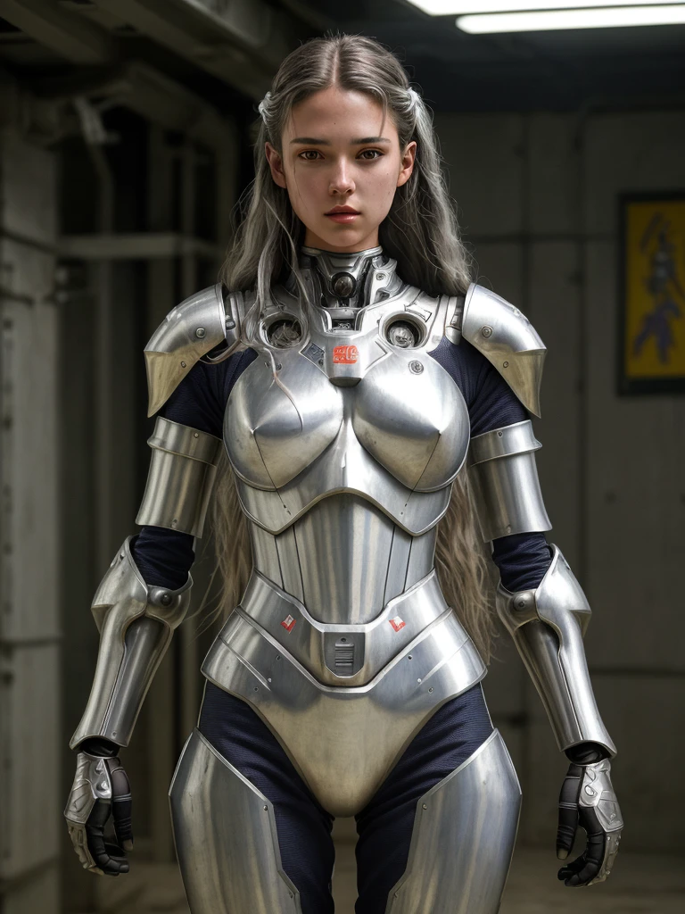 (RAW photo, 4k, masterpiece, high res, extremely intricate) (photorealistic:1.4), cinematic lighting 1woman, solo focus, summer noon, hot, 1990s \(style\),cowboy shot,indoors,the upper part of the body, masterpiece, best quality, masterpiece,best quality,official art,extremely detailed CG unity 8k wallpaper, beautiful detailed eyes, artbook, photo, real, realistic, futuristic knight, (silver, long hair), mecha woman, mechanical parts, space station, Expressive Hues, Vibrant Palette,B lack and white clothes,