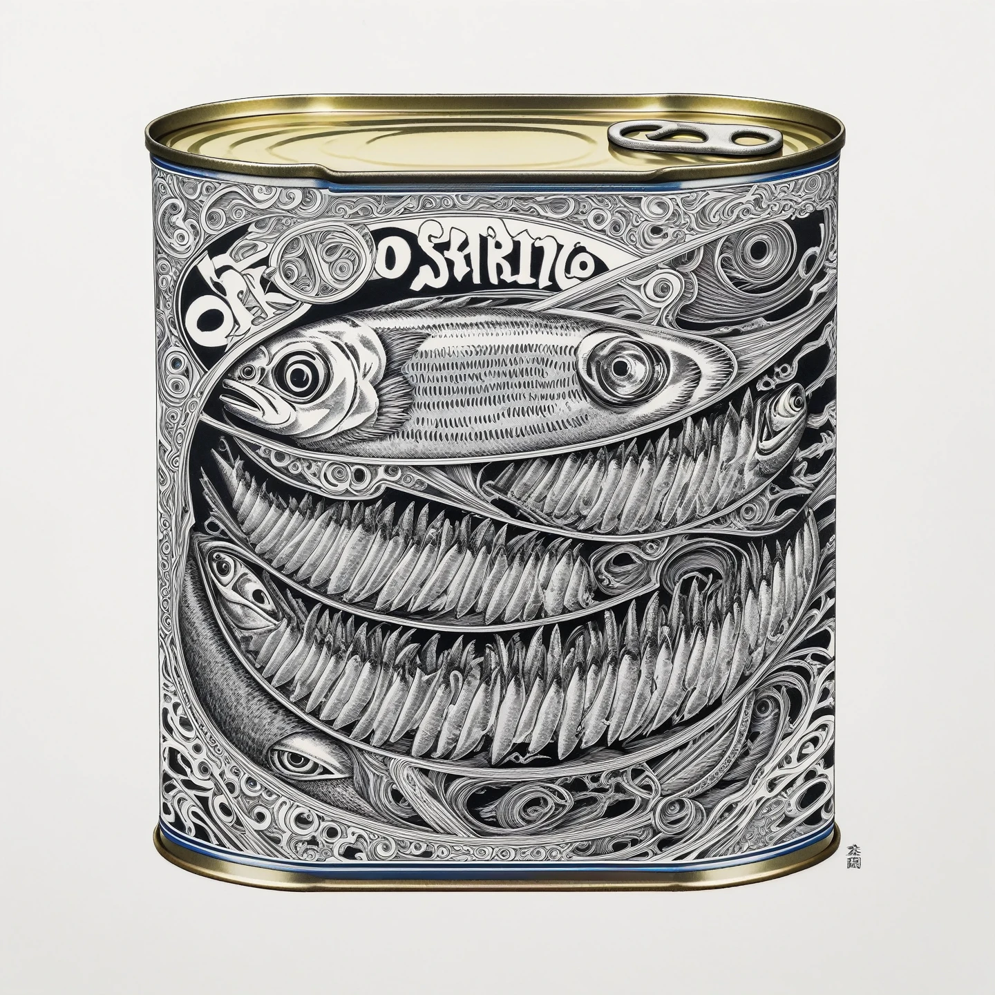 Tinned sardines in ring pull can, tattoo design, Japanese retro, Ikko Tanaka, negative space, abstract, intricate,