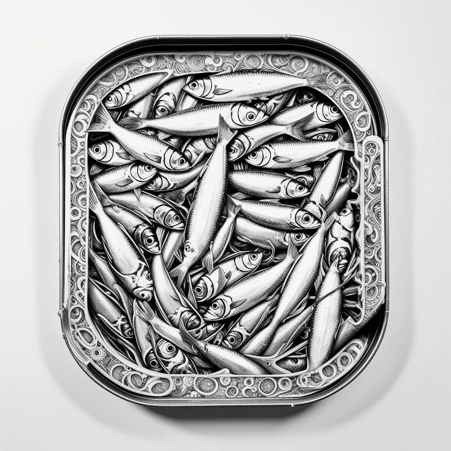 Tinned sardines in ring pull can, tattoo design, Japanese retro, Ikko Tanaka, negative space, abstract, intricate,