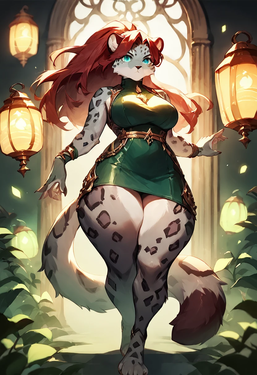 score_9, score_8_up, score_7_up, score_6_up, score_5_up, score_4_up, (solo), female anthro Snow leopard, greenlantern suit, mini skirt, y, fluffy body, long dark red hair, turquoise eyes, (thick thighs:1.5) (she is standing)