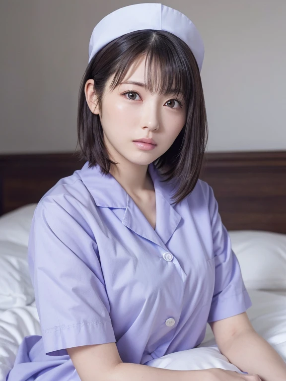 1. A pure woman,(Wearing white nurse clothes:1.2),(RAW Photos, Highest quality), (Realistic, photo-Realistic:1.4), masterpiece, A very delicate and beautiful 20-year-old woman, Very detailed, Great Skin, Detailed face、Clean look、Twinkle Eyes, double eyelid、High resolution, Soft Light, Very detailed eyes and face, Beautiful and detailed nose, nurse, Perfect Anatomy, Black short bob, bangs、nurse uniform, ((nurse cap)), White Uniform, Hospital room,Lie down in bed、Sleepy look、 ((High resolution)), Face Focus