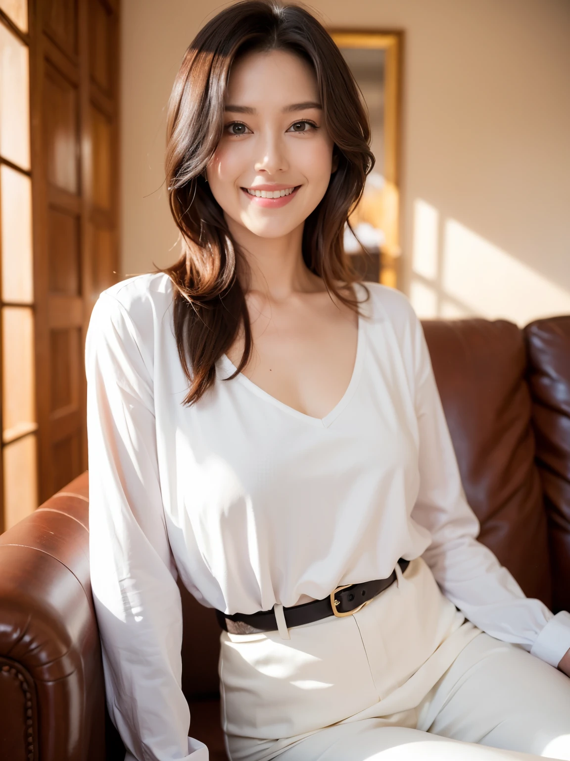 Highest quality, Ultra-high resolution, (Realistic: 1.4), RAW Photos,（very short brown hair:1.5）、（standard body type）、（D cup breasts）、（smile:1.5),Portrait of a 34 year old dark haired French woman, 1940, Period costume, Genuine Leather, （Marble floor:1.5）、Sit on the sofa、（Large window in the background、You can see the office building next door.）、（smile:1.5), (Living room with period furniture, Calm, Soft Light: 1.2)、