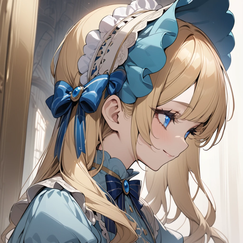 Blonde hair,sidecurls,curls,blue eyes,long eyelashes,light blue victorian dress,puffy short sleeves,frilled dress,frilly wide brimmed Bonnet with bows,fringe bangs,bustshot,masterpiece,highress,soft smile,bishoujo,peterpan collar,sideview,facing away,