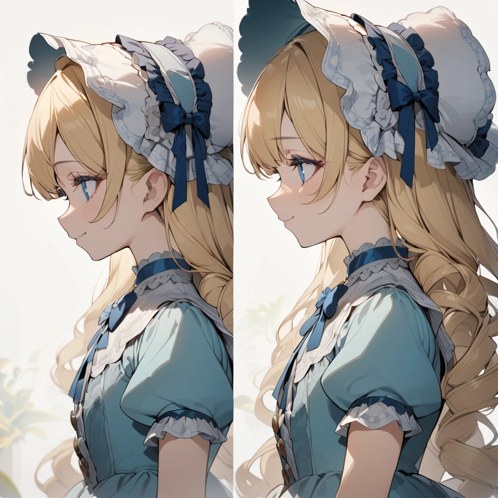 Blonde hair,sidecurls,curls,blue eyes,long eyelashes,light blue victorian dress,puffy short sleeves,frilled dress,frilly wide brimmed Bonnet with bows,fringe bangs,bustshot,masterpiece,highress,soft smile,bishoujo,peterpan collar,sideview,facing away,