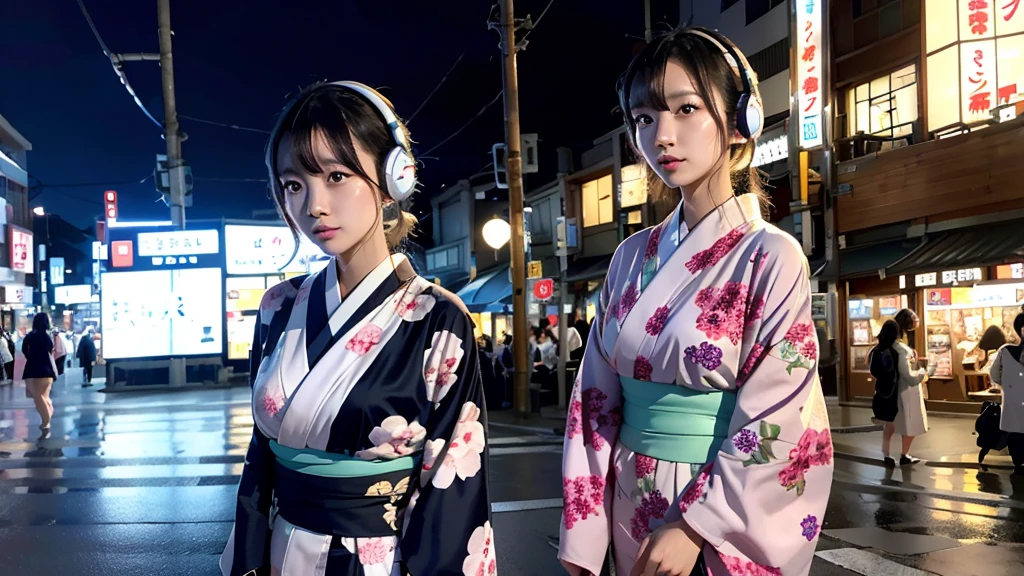 A woman in a kimono standing in a busy downtown area at night listening to music while wearing large headphones、The moon is in the night sky、Japan