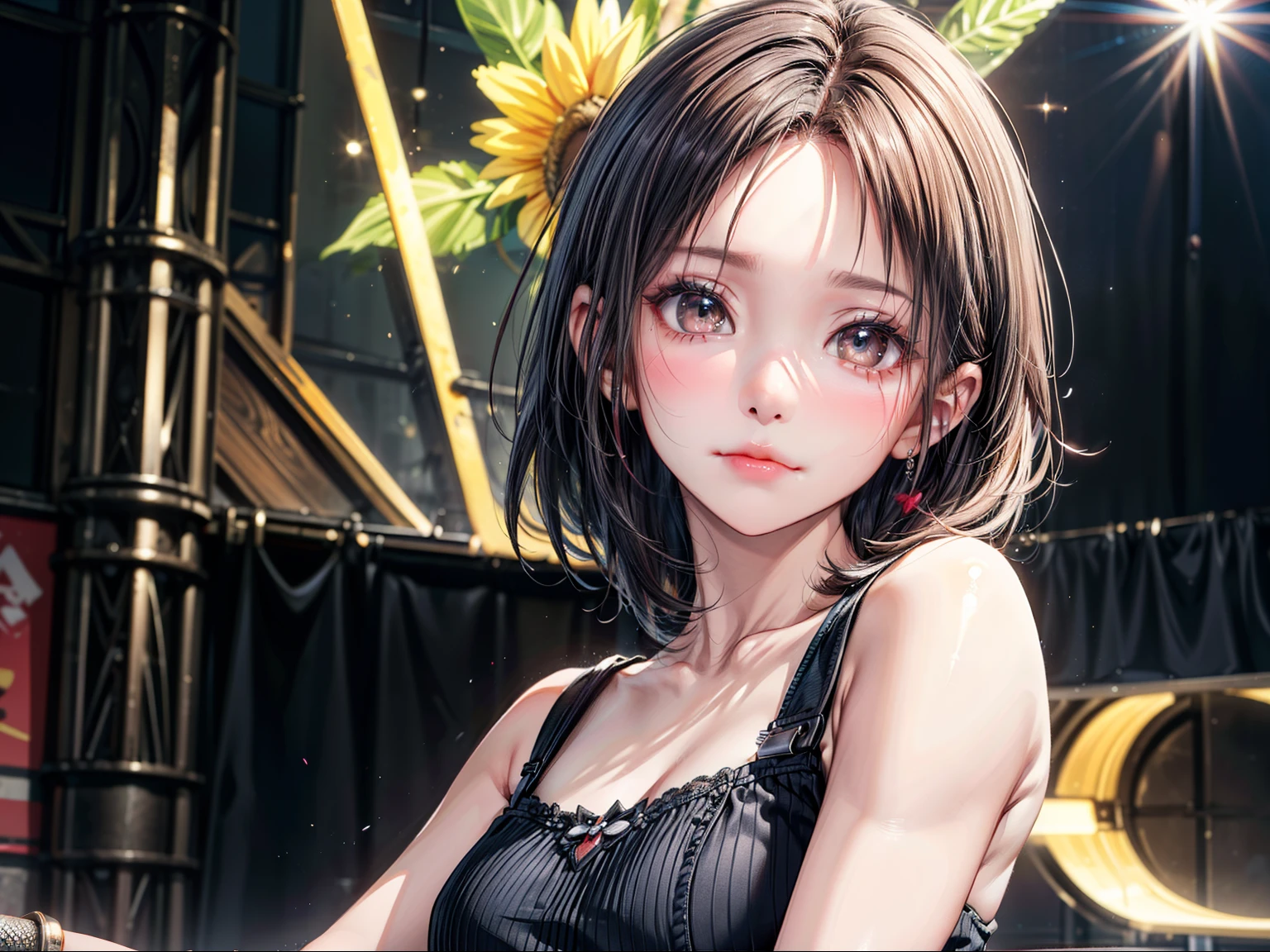 ((Best of the highest quality, 8k, Masterpiece, raw photo: 1.1)), (Sharp focus: 1.1), (1 AESPA, slim body type female, 22 y/o: 1.1), solo, Portrait Waist Up, (realistic, photo-realistic:1.37), face focus, finely small eyes, (forehead, short wave hair: 1.28), (sharp chin, droopy eyes, sad eyes: 1.32), (Emphasize prominent aegyo-sal with bright: 1.28), shimmering eyeshadow applied under the lower lash line, paired with thick, (small breasts, flat chest: 1.2), T-shirt, walking on stage, microphone, flower,
