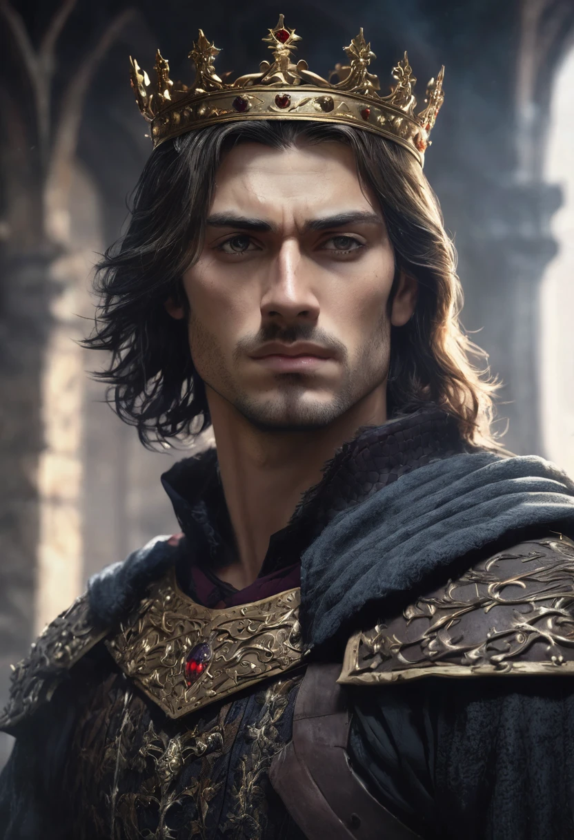 1 man, he is a king inside a dark medieval castle, wearing king's clothes in dark noble and medieval colors, crown of thorns on his head, detailed facial features, masculine eyes, detailed light skin, medium length dark hair, strong expression and serious, dramatic lighting, cinematic composition, cold and dark, atmospheric fog, handsome face, square chin, handsome man, masculine and very handsome, male model, 25 year old face (best quality, 4K, 8K, high resolution, art: 1.2), ultra-detailed, (realistic, photorealistic, photorealistic: 1.37)