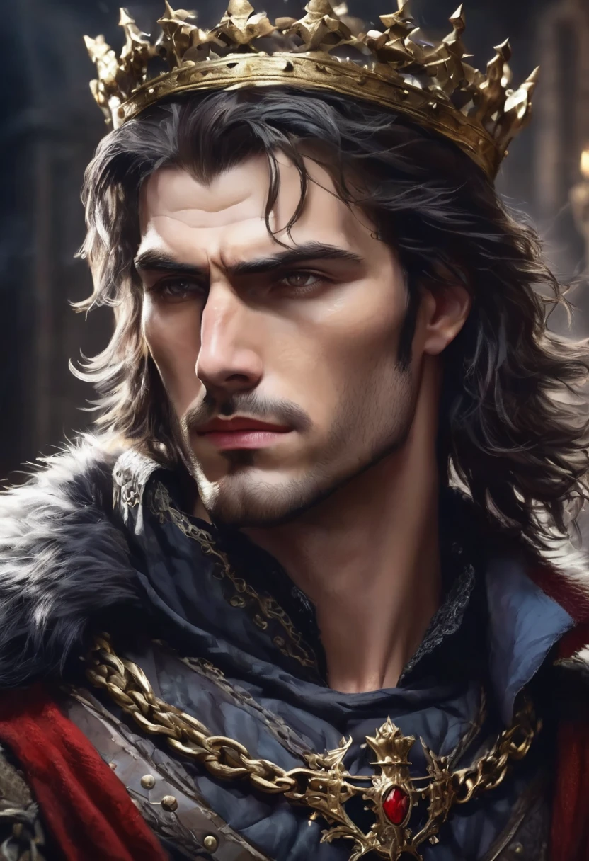 1 man, he is a king inside a dark medieval castle, wearing king's clothes in dark noble and medieval colors, crown of thorns on his head, detailed facial features, masculine eyes, detailed light skin, medium length dark hair, strong expression and serious, dramatic lighting, cinematic composition, cold and dark, atmospheric fog, handsome face, square chin, handsome man, masculine and very handsome, male model, 25 year old face (best quality, 4K, 8K, high resolution, art: 1.2), ultra-detailed, (realistic, photorealistic, photorealistic: 1.37)