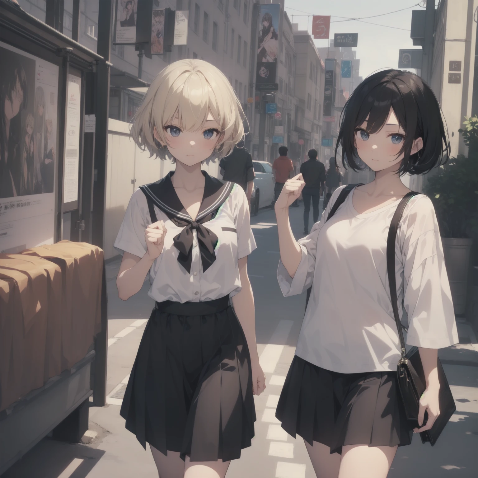 ultra-absurdres-Top quality by artist God, ultra-detailed, high resolution, anime moe artstyle, best anime 8k konachan wallpaper, pixiv contest winner, pool:2810, perfect anatomy,break, 1girl, (Please draw a girl walking sleepily to school alone. )break,(Solo,little female, 13-year-old:1.3),Full limbs, complete fingers,a junior high school student, (very short hair), short cut, flat chest, , small butt, small black eyes, beautiful detailed eyes, well-proportioned iris and pupils, expressive eyes, highres detailed hair, soft expression, salor school_uniform, sailor collar, serahuku, bow, pleated skirt,(Detailed Lighting), (Detailed background), in the School commute route. break,super detailed skin, Best cinematic lighting powered by famous artist, 8k,beauty illustration,photoshop_(medium),very aesthetic,break,((artist:yamamoto_souichirou )), artist:clamp ,artist:carnelian ,artist:kantoku ,