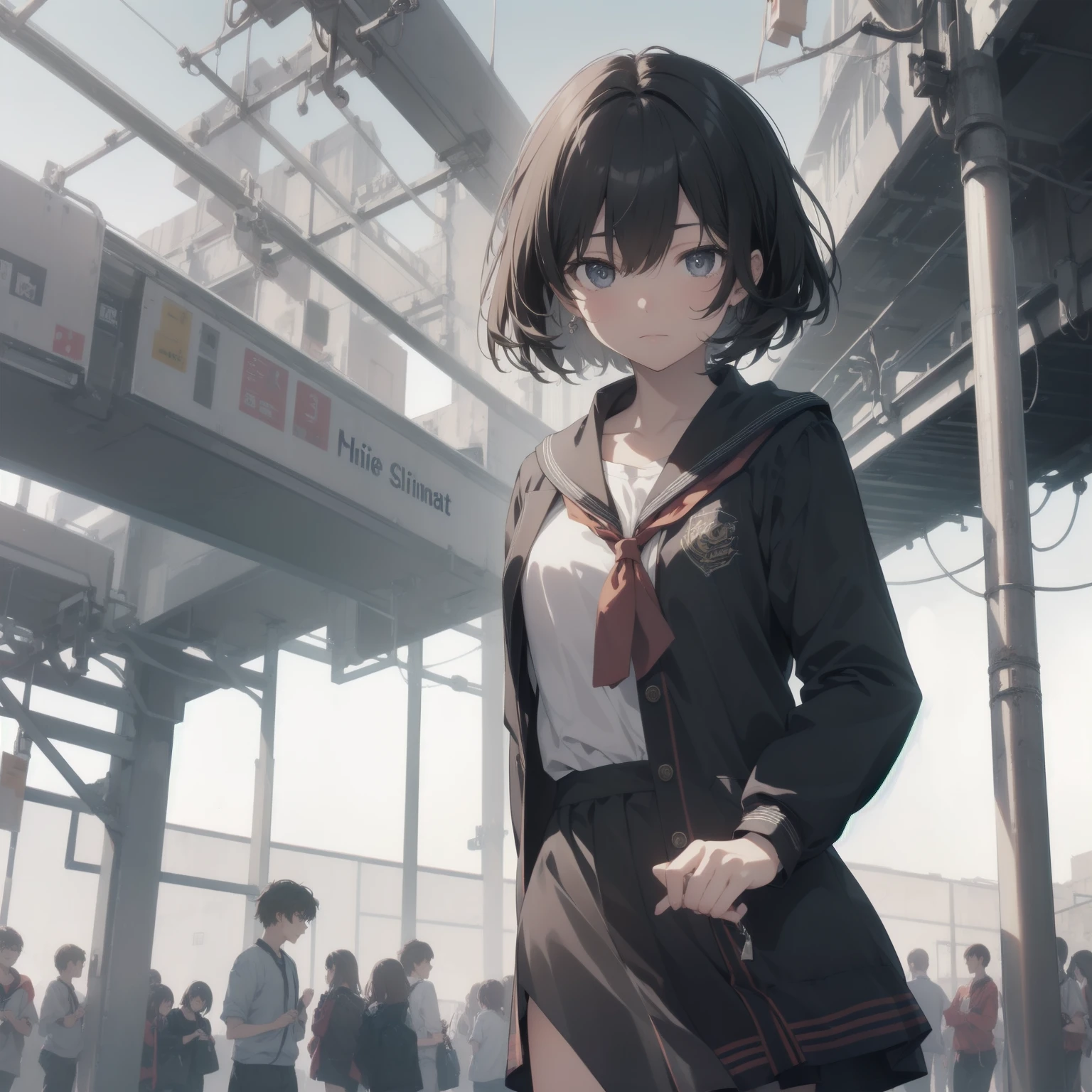 ultra-absurdres-Top quality by artist God, ultra-detailed, high resolution, anime moe artstyle, best anime 8k konachan wallpaper, pixiv contest winner, pool:2810, perfect anatomy,break, 1girl, (Please draw a girl walking sleepily to school alone. )break,(Solo,little female, 13-year-old:1.3),Full limbs, complete fingers,a junior high school student, (very short hair), short cut, flat chest, , small butt, small black eyes, beautiful detailed eyes, well-proportioned iris and pupils, expressive eyes, highres detailed hair, soft expression, salor school_uniform, sailor collar, serahuku, bow, pleated skirt,(Detailed Lighting), (Detailed background), in the School commute route. break,super detailed skin, Best cinematic lighting powered by famous artist, 8k,beauty illustration,photoshop_(medium),very aesthetic,break,((artist:yamamoto_souichirou )), artist:clamp ,artist:carnelian ,artist:kantoku ,