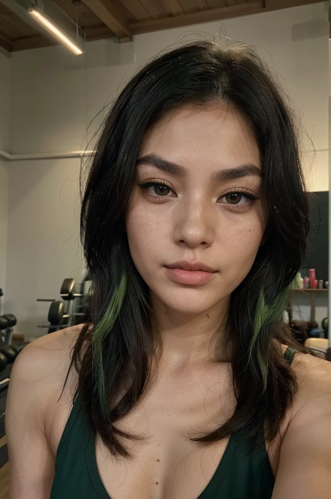 Selfie of a young woman AT THE GYM, in your 20s, with an oval face with high cheekbones, a defined jawline is Asian, japanese. His eyes are large and almond, black in color, with long eyelashes and thick, arched eyebrows, with a small scratch on his right eyebrow. His nose is small and straight, and she has full, wide lips. His hair is black with a green streak on the left side., short and smooth, usually worn loose with a fringe that partially covers the forehead. Her skin is fair with lots of freckles on her nose and rosy cheeks..