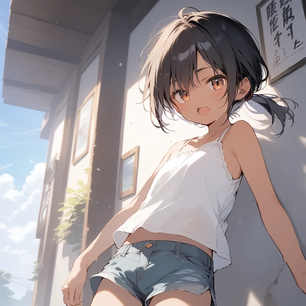 score_9, score_8_up, score_7_up, source_anime, best quality, masterpiece, official art, absurdres, highres, ultra-detailed,waifu2x,Collection: Slice of Life,break,1girl, tomboy, dark-skinned female, short hair, low ponytail, flat chest, beautiful detailed eyes, short shorts, sweat, open mouth, (yawn:0.3), sleepily, outdoors, wind,break,(clear line illustration:1.2), super detailed skin,very high resolution, very aesthetic, Best sexual lighting powered by famous artist, 8k,cute picture,beauty illustration,photoshop_(medium),,(Detailed Lighting),best anime 8k konachan wallpaper, pixiv contest winner, 