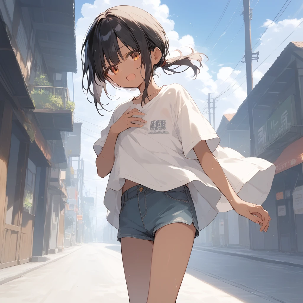 score_9, score_8_up, score_7_up, source_anime, best quality, masterpiece, official art, absurdres, highres, ultra-detailed,waifu2x,Collection: Slice of Life,break,1girl, tomboy, dark-skinned female, short hair, low ponytail, flat chest, beautiful detailed eyes, short shorts, sweat, open mouth, (yawn:0.3), sleepily, outdoors, wind,break,(clear line illustration:1.2), super detailed skin,very high resolution, very aesthetic, Best sexual lighting powered by famous artist, 8k,cute picture,beauty illustration,photoshop_(medium),,(Detailed Lighting),best anime 8k konachan wallpaper, pixiv contest winner,