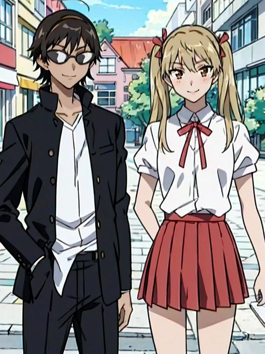 1 boy and 1 girl stand in the street,twintails,sawachika eri, brown eyes, hair ribbon,harimakenji, glasses, ,school uniform, red pleated skirt,eri,hairband, looking_at_viewer, serious, gakuran, white_shirt,smile,happy,two persons