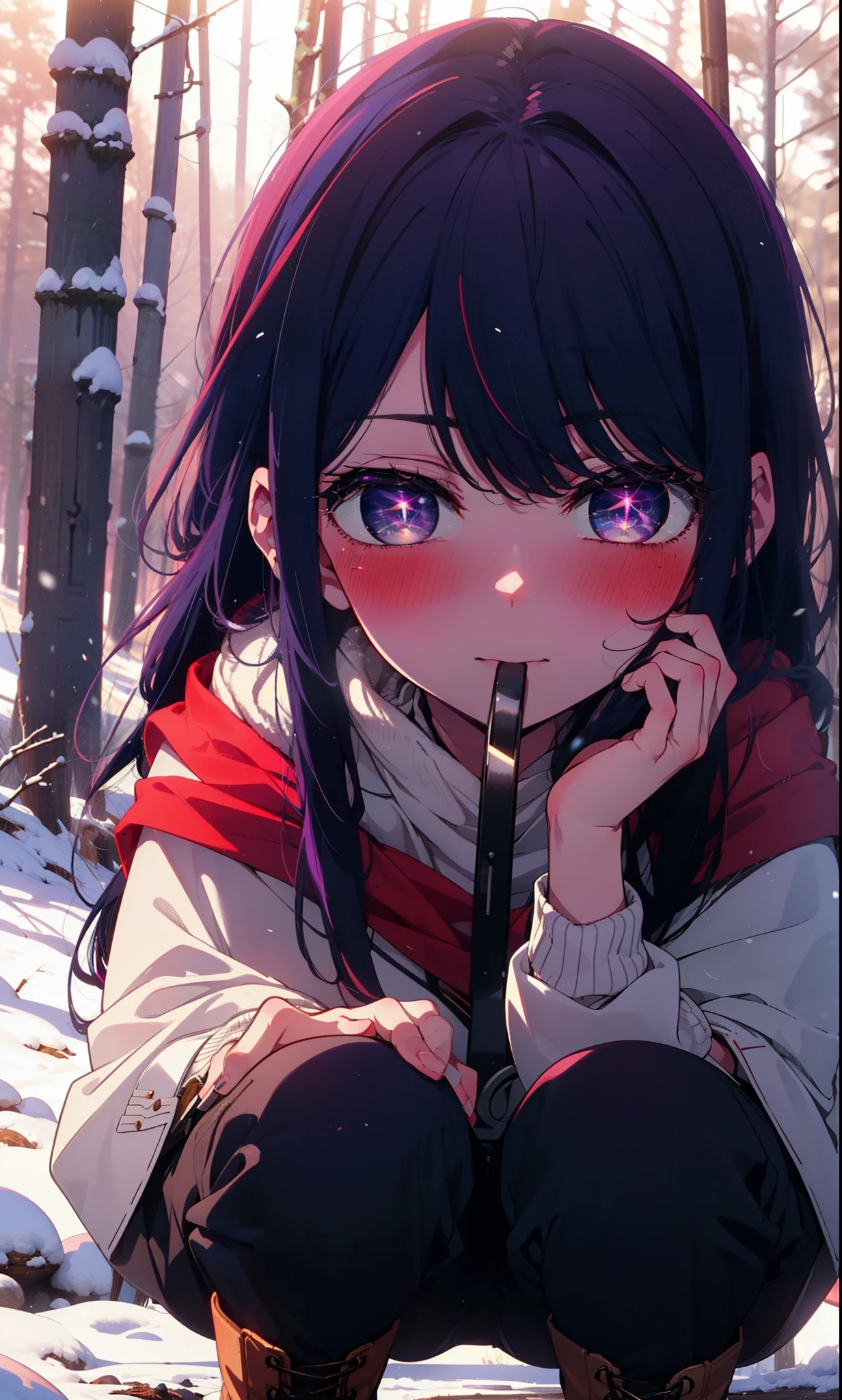 aihoshino, Ai Hoshino, Long Hair, bangs, (Purple eyes:1.1), Purple Hair, (Symbol-shaped pupil:1.5), smile,,smile,blush,White Breath,
Open your mouth,snow,Ground bonfire, Outdoor, boots, snowing, From the side, wood, suitcase, Cape, Blurred, , forest, White handbag, nature,  Squat, Mouth closed, Cape, winter, Written boundary depth, Black shoes, red Cape break looking at viewer, Upper Body, whole body, break Outdoor, forest, nature, break (masterpiece:1.2), Highest quality, High resolution, unity 8k wallpaper, (shape:0.8), (Beautiful and beautiful eyes:1.6), Highly detailed face, Perfect lighting, Highly detailed CG, (Perfect hands, Perfect Anatomy),