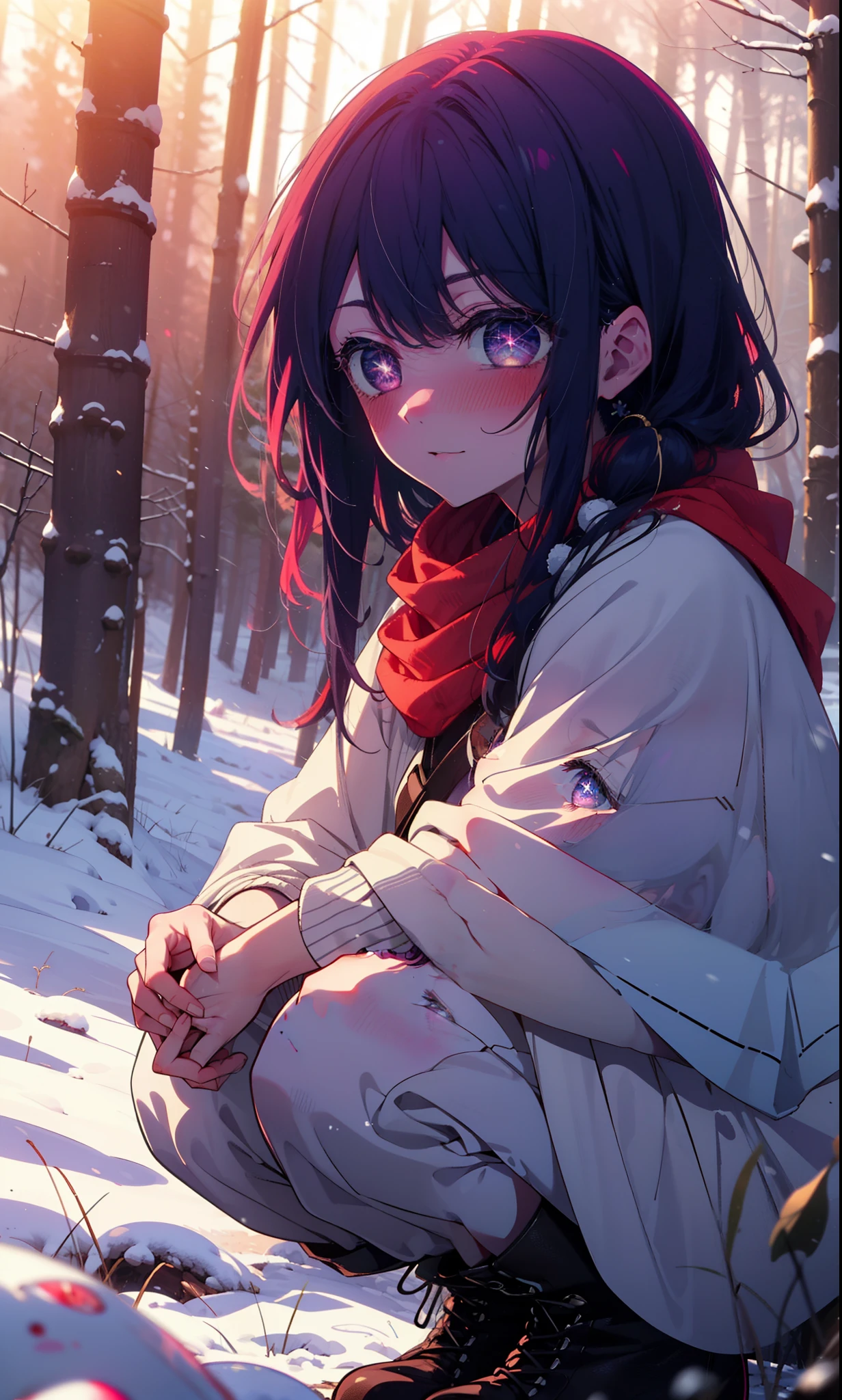 aihoshino, Ai Hoshino, Long Hair, bangs, (Purple eyes:1.1), Purple Hair, (Symbol-shaped pupil:1.5), smile,,smile,blush,White Breath,
Open your mouth,snow,Ground bonfire, Outdoor, boots, snowing, From the side, wood, suitcase, Cape, Blurred, , forest, White handbag, nature,  Squat, Mouth closed, Cape, winter, Written boundary depth, Black shoes, red Cape break looking at viewer, Upper Body, whole body, break Outdoor, forest, nature, break (masterpiece:1.2), Highest quality, High resolution, unity 8k wallpaper, (shape:0.8), (Beautiful and beautiful eyes:1.6), Highly detailed face, Perfect lighting, Highly detailed CG, (Perfect hands, Perfect Anatomy),