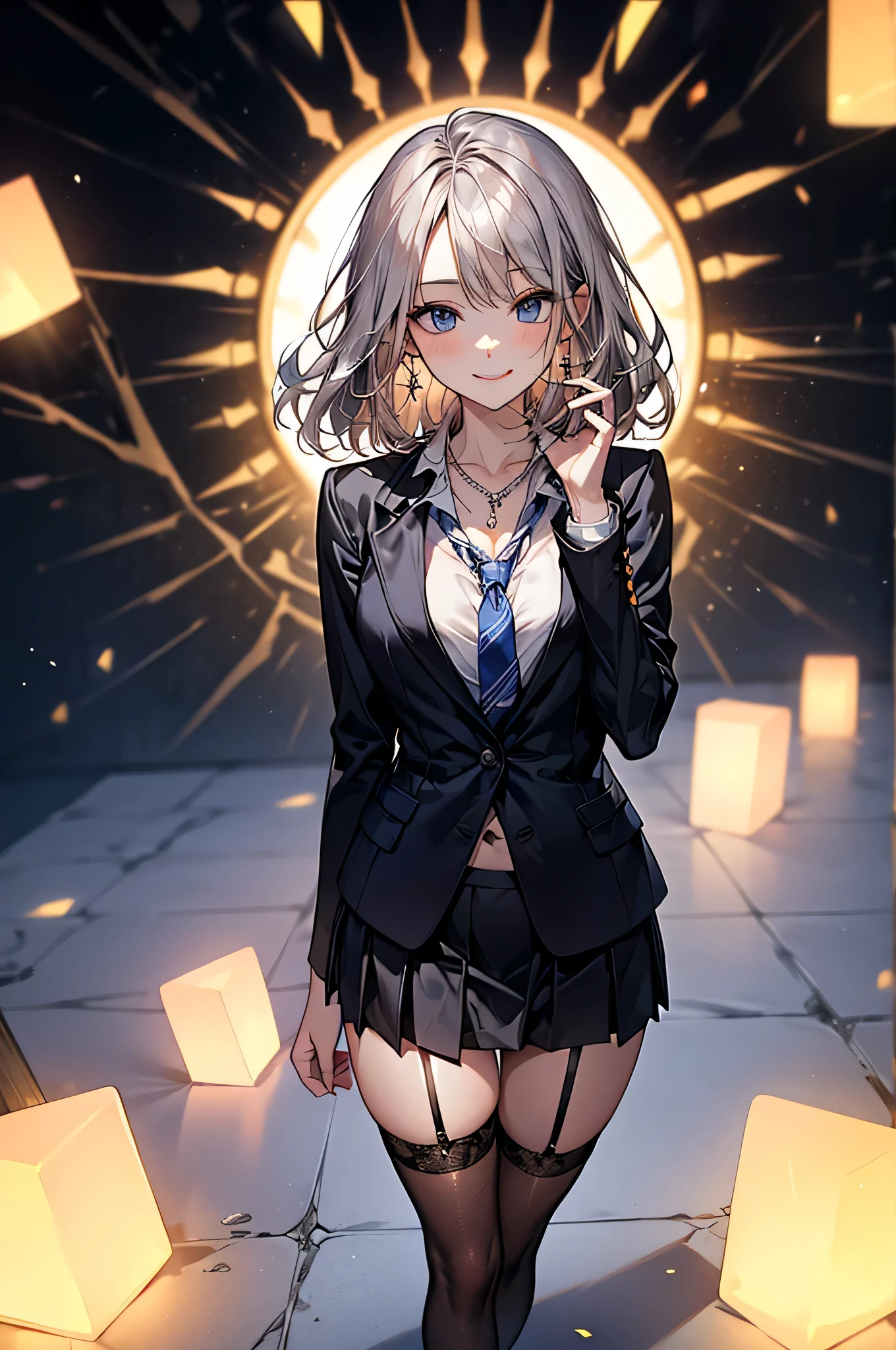 ((Biologically correct limb count))、(( Full-body photo including face))、4K、((Standing position))、masterpiece、((Focus on the face))、((Symmetrical facial features))、Eye for detailed depiction、Beautiful blue-haired woman、Excellent style、Beautiful clavicle、Beautiful feet、Beautiful Hands、Slender body、(blazer、skirt、Black Stockings、garter belt、High heels)、Facial detailing、Small earrings、necklace、tie、Looking at the night view、(Low - Angle、Camera angle to shoot the inside of the skirt from below)、(((Black Hair、Silver Hair)))、((A big smile)))、((Face forward and stick your chin out))、Close-up photo of the upper body、