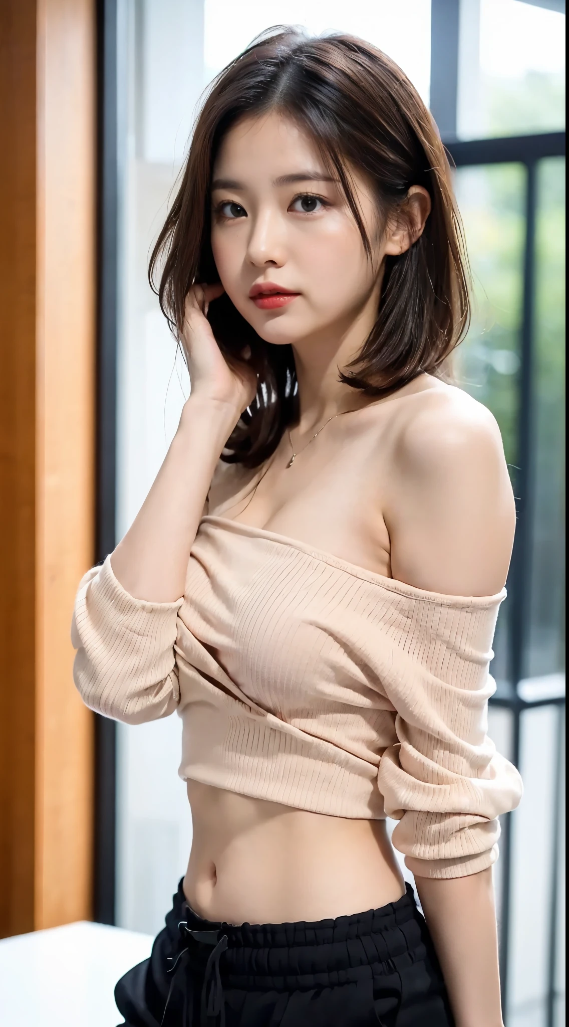 (8K, RAW photograph, Highest quality, masterpiece:1.3),(Genuine,photograph:1.37),(Black Hair),Pause,One girl,Very beautiful face,cute,(small),(fold your arms above your head))),Poggy Hairstyle,Random representation,(White off-shoulder top),JK_style,(Track Shorts) ,Black Hair,(19 years old),moderate,Five Fingers,Normal hand,small Mouth,Straight hair