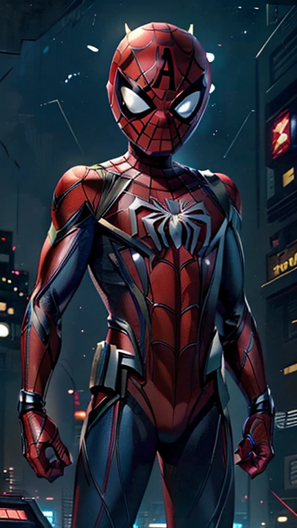 best quality,masterpiece,1boy,solo,(((13years old))),japanese boy,an extremely cute and handsome boy,highly detailed handsome face and eyes,petit,cute face,lovely face,baby face,shy smile,show teeth, Blonde hair,short hair,flat chest,skinny,slender,(((wearing Spider-Man costume,red superhero helmet,black hero mask style))),(((standing in Dark Midnight Neon Glow light CyberpunkAI Metropolis city))),he is looking at the viewer, kirbywood, drawing, vintage color comics