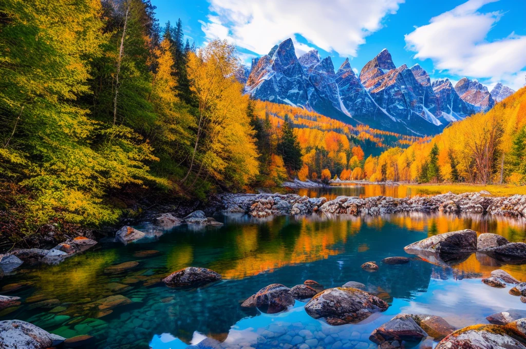 a body of water surrounded by trees and mountains, a picture, by Franz Hegi, shutterstock, fine art, portrait of a beautiful, beautiful colorful, karst landscape, sunny morning