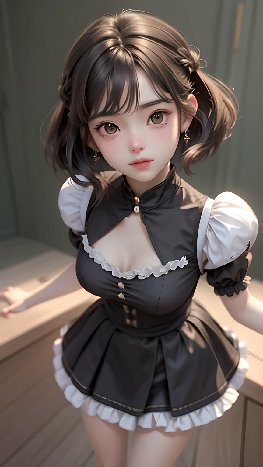 (masterpiece), (full body, full entire body), ((photo quality)),realistic, (portrait of 18years old Rapunzel), beautiful face, cute face, sunlight, cinematic light, bangs, a beautiful woman, beautiful eyes, light brown hair, perfect anatomy, very cute, princess eyes , (black eyes) , (frame the head), Centered image, stylized, bioluminescence, 8 life size,8k ((Maid outfit, short skirt)), human hands, wonder full, elegant, approaching perfection, dynamic, highly detailed, character sheet, concept art, smooth, facing directly at the viewer positioned so that their body is symmetrical and balanced, stunningly beautiful teenage girl, detailed hairstyle,((Full-body display Don't protrude from the screen)) , large breasts