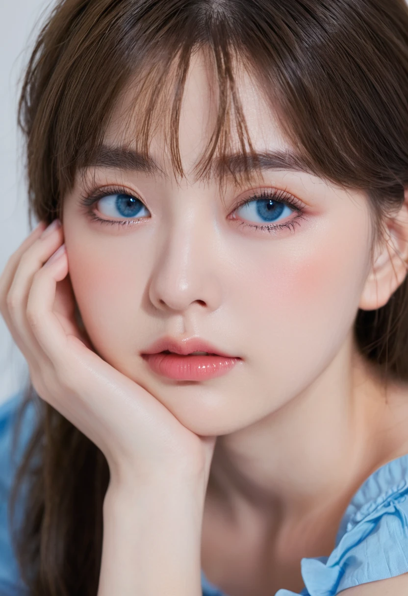 Blue delicate eyes, embarrassed, blushing