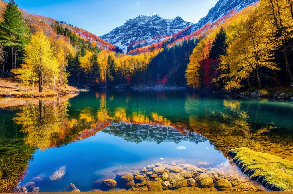 a body of water surrounded by trees and mountains, a picture, by Franz Hegi, shutterstock, fine art, portrait of a beautiful, beautiful colorful, karst landscape, sunny morning