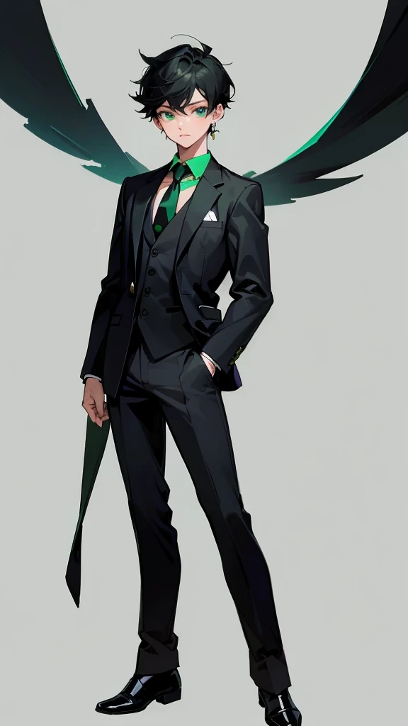 ((Highest quality)), ((masterpiece)), (detailed), whole body,standing,simple background,green eyes,black hair,black suit,green necktie,young boys,simple earring