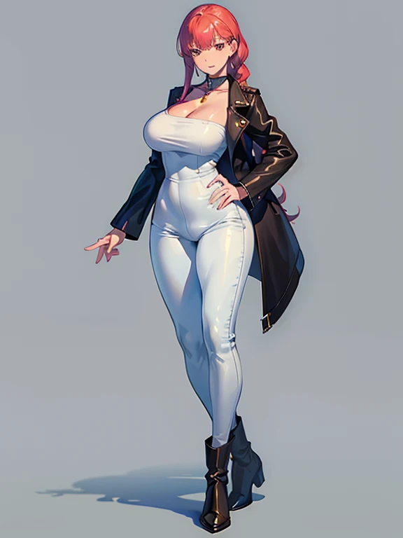 Makima,Perfect facial features,full body shot shot,Extra-large big breasts,big breasts thin waist,Wide fat buttocks,Exceptionally long legs, White color blouse, longer sleeves, Classic collar, Skinny blue jeans, Black leather jacket, Brown leather boots, Single collar
