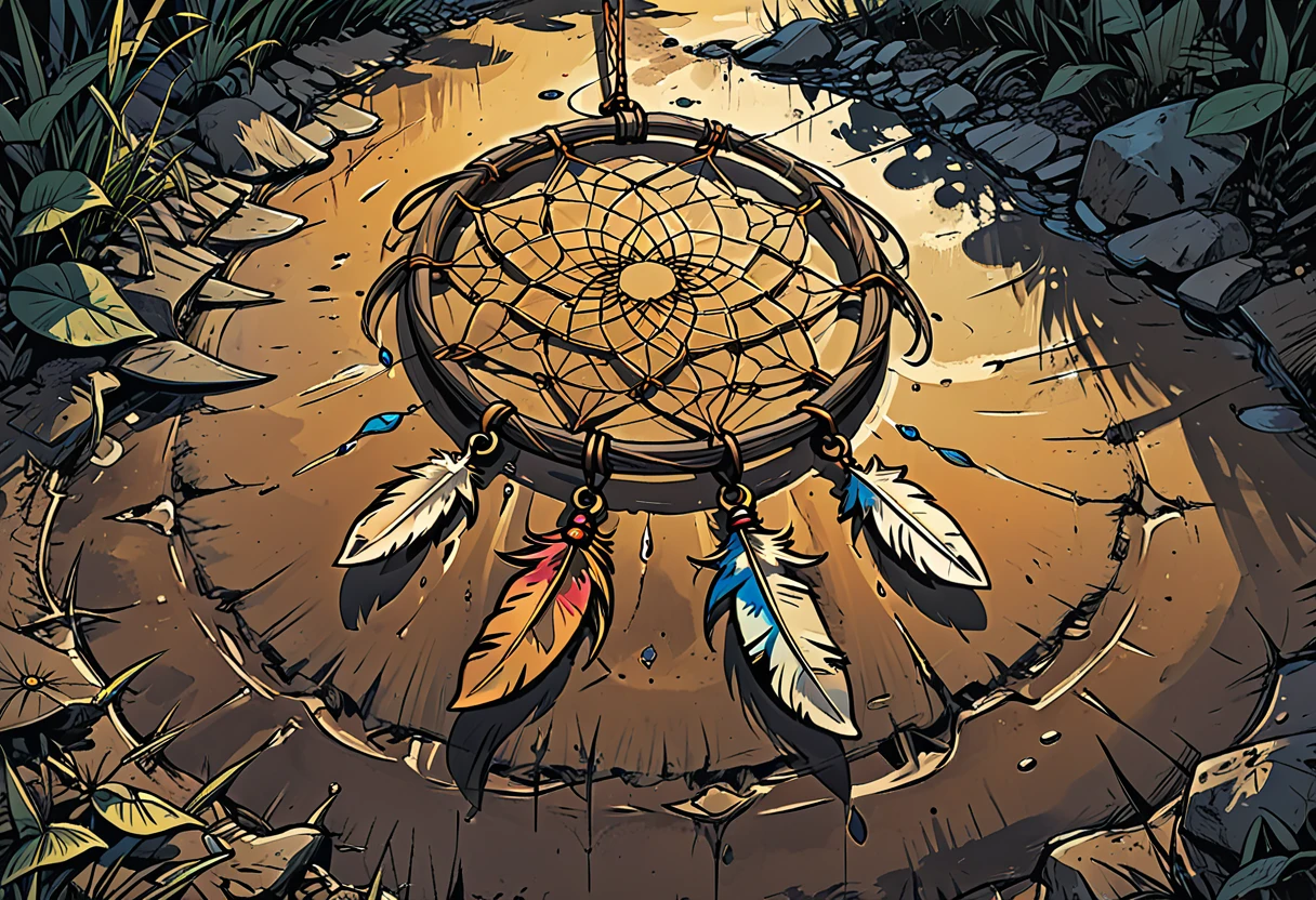 the dream catcher lies on the ground in the mud, graphic style of novel comics, 2d,
8k, hyperrealism, masterpiece, high resolution, best quality, ultra-detailed, super realistic, Hyperrealistic art, high-quality, ultra high res, highest detailed, lot of details, Extremely high-resolution details, incredibly lifelike, colourful, soft cinematic light,