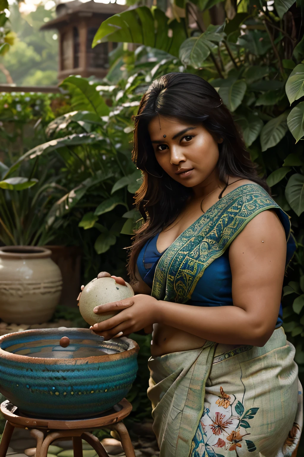 a chubby indian woman making a pottery pot on a pottery wheel, wearing a colorful sari, detailed facial features, detailed eyes, detailed lips, detailed hands, extremely detailed, photorealistic, HDR, 8K, cinematic lighting, warm color tones, lush outdoor background, overgrown garden, colorful flowers, sunlight filtering through leaves, intricate textile patterns on sari
