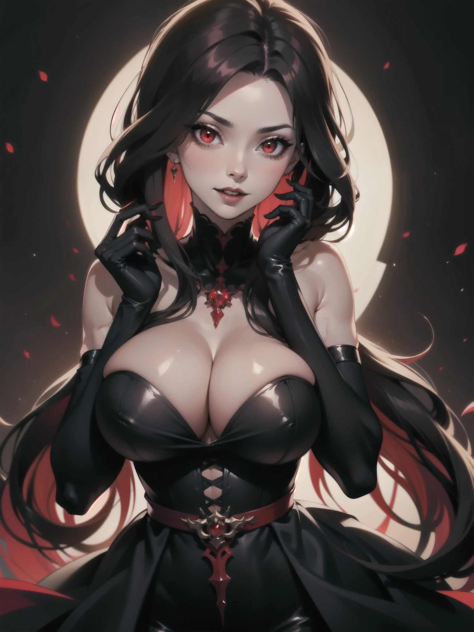 1girl, beautiful, vampire goddess, brunette very long hair, red eyes, wearing a sexy red and black dress, ultrasharp, looking at the viewer, ((best quality)), ((masterpiece)), (detailed), perfect face, big breast, sexy pose, sexy body,