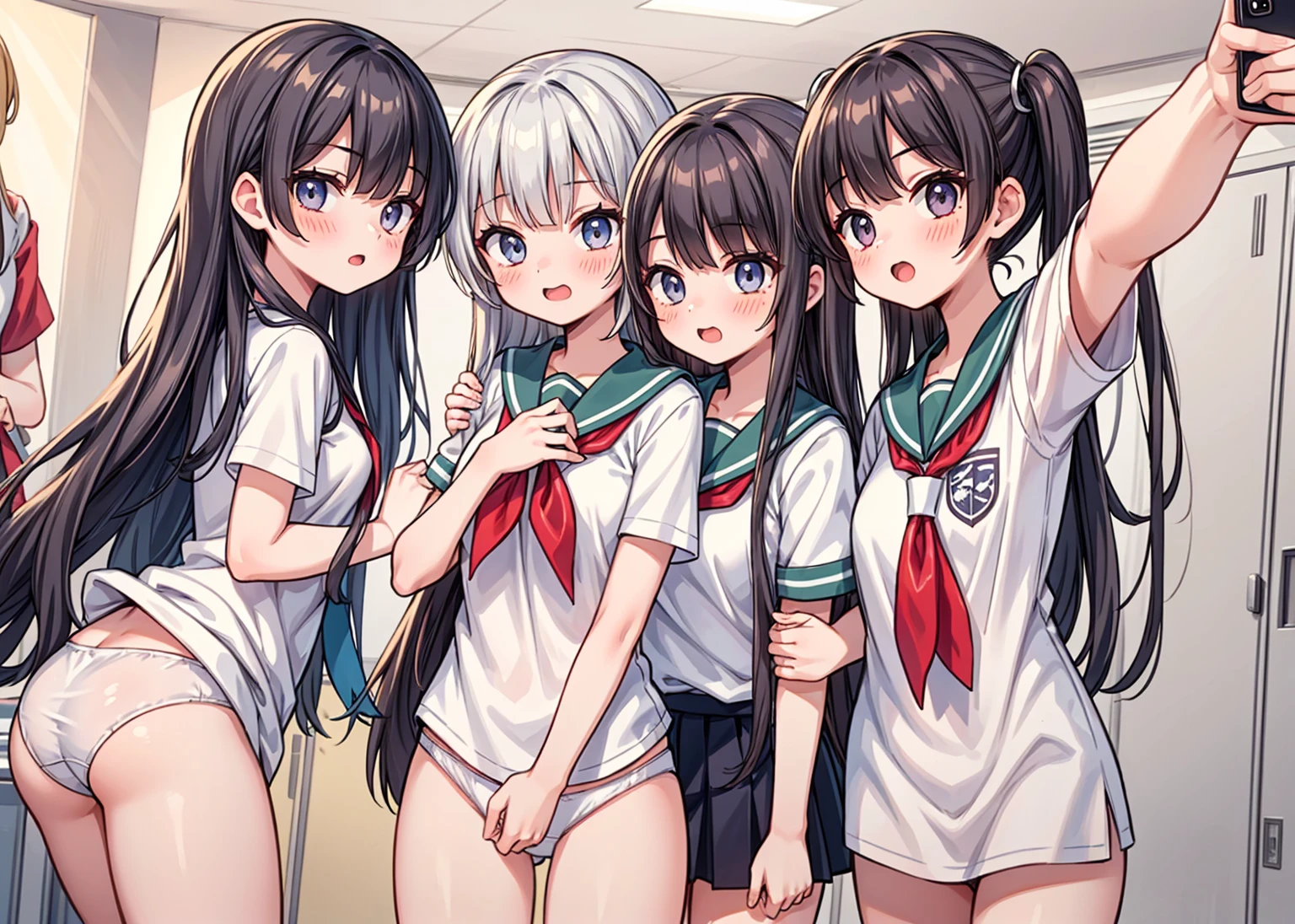 (master piece, high quality), (multiple girls), yo,  locker room, (white panties), school shirt, (group selfie), wide angle, soft light,Press against chest,Crushed chest,crotch grab,A girl is masturbating,NSFW

