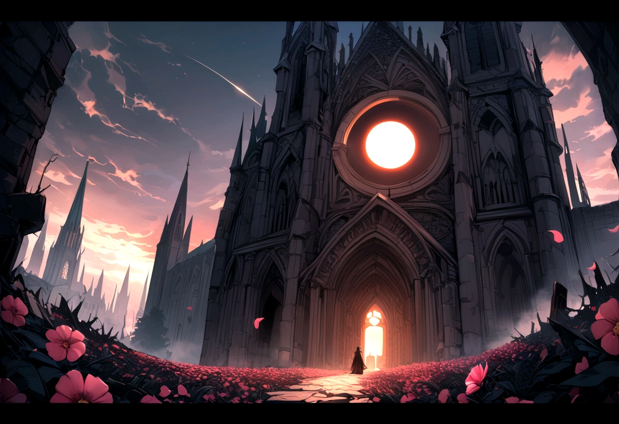 Anime aesthetics, Fantasy Landscape, Medieval Cathedral, Broken wall, Tall old wooden door, Black Old Brooks, Broken road leading to the old cathedral, Red Solar Eclipse, Many pink flowers with pointed petals, Dark Souls 3 Eclipse, Wide Shot, Front view, Violent Solar Eclipse, Tragic atmosphere, Sad mood, 4K, masterpiece:1.4, Highest quality,4K,High resolution ultra-detail, retina