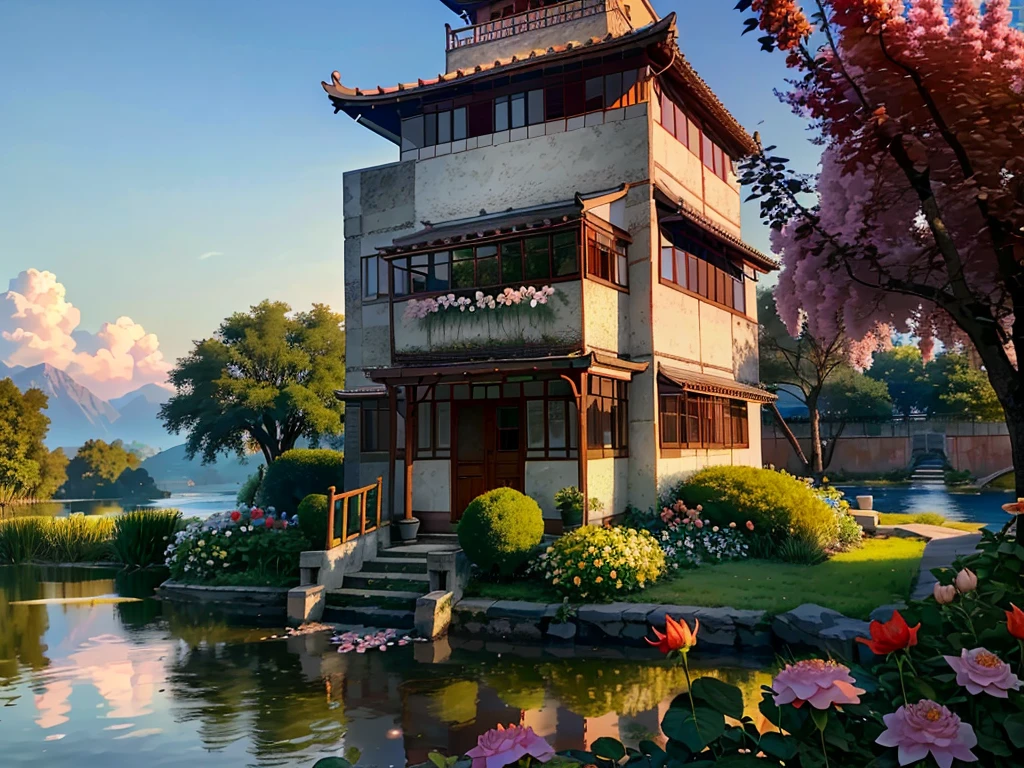 8K HD画质,Realistic scenery of Chinese architecture, 粉红的Peach BlossomTree林森林重点是很多Peach Blossom风景照8K 画质,Best quality,masterpiece,HD,Super rich detail,detailed,The yard is huge,The yard is full of flowers,It is a rich garden,There are roses in the garden,Moonflower,Jasmine,Peach Blossom,club,apricot,chrysanthemum,Peony,Lavender,Cherry blossoms,Pomegranate flowers, ETC,A wide variety of flowers,All flowers are planted in one garden,There is also river water in the garden,Creek,pond,lake,Lake,Rios,J,Everything in the same picture,Lifelike,The picture is very realistic,Very real,The vegetable garden was neat inside,There are mountains and water in the distance,sky sky,cloud,Tree。Country Road。Industrious people grow flowers,The picture is very warm,HD,The picture is realistic,Strong realism,The focus is on the garden castle as well as the river,Images are colorful,High contrast,There is only one scene,No split screen,Do not crop the image,Keep the picture rich and complete