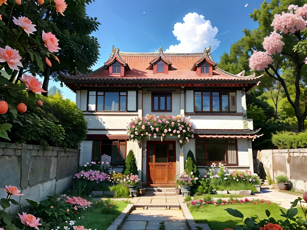 8K HD画质，Realistic scenery of Chinese architecture， 粉红的Peach BlossomTree林森林重点是很多Peach Blossom风景照8K 画质，Best quality，masterpiece，HD，Super rich detail，detailed，The yard is huge，The yard is full of flowers，It is a rich garden，There are roses in the garden，Moonflower，Jasmine，Peach Blossom，club，apricot，chrysanthemum，Peony，Lavender，Cherry blossoms，Pomegranate flowers, ETC，A wide variety of flowers，All flowers are planted in one garden，There is also river water in the garden，Creek，pond，lake，Lake，Rios，J，Everything in the same picture，Lifelike，The picture is very realistic，Very real，The vegetable garden was neat inside，There are mountains and water in the distance，sky sky，cloud，Tree。Country Road。Industrious people grow flowers，The picture is very warm，HD，The picture is realistic，Strong realism，The focus is on the garden castle as well as the river，Images are colorful，High contrast，There is only one scene，No split screen，Do not crop the image，Keep the picture rich and complete