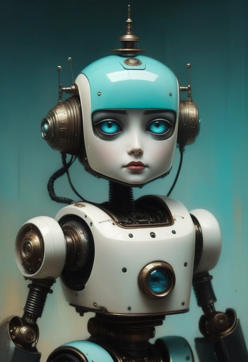 Full length view. Little funny robot, porcelain face and head, big turquoise eyes, perfect eyes, top quality style. A beautiful cinematic impressionistic picture, a dark dramatic character, in the style of Jeremy Mann and Charles Dana Gibson, Mark Demsteder, Paul Hedley. Spartak Mukanov.