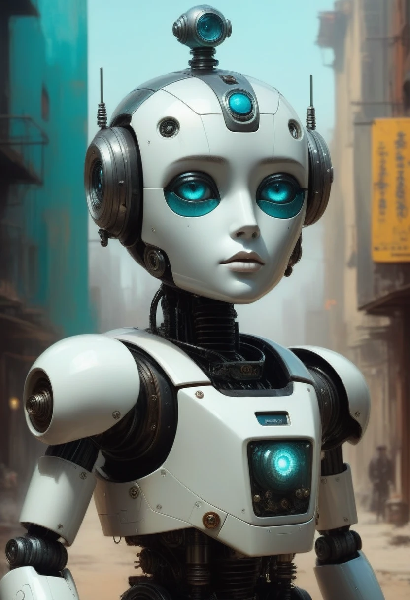 Full length view. Little funny robot, porcelain face and head, big turquoise eyes, perfect eyes, top quality style. A beautiful cinematic impressionistic picture, a dark dramatic character, in the style of Jeremy Mann and Charles Dana Gibson, Mark Demsteder, Paul Hedley. Spartak Mukanov.