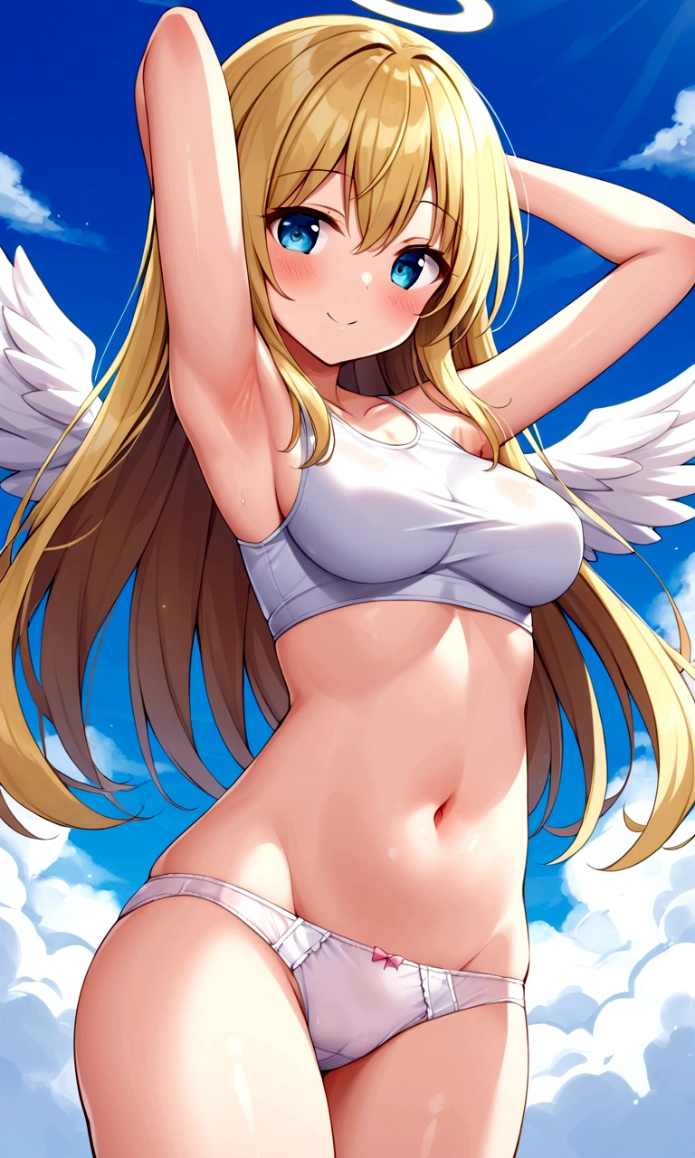 1girl, cute, angel, tight, (armpit), panties, clouds, (small clothes), midriff, long hair, breasts