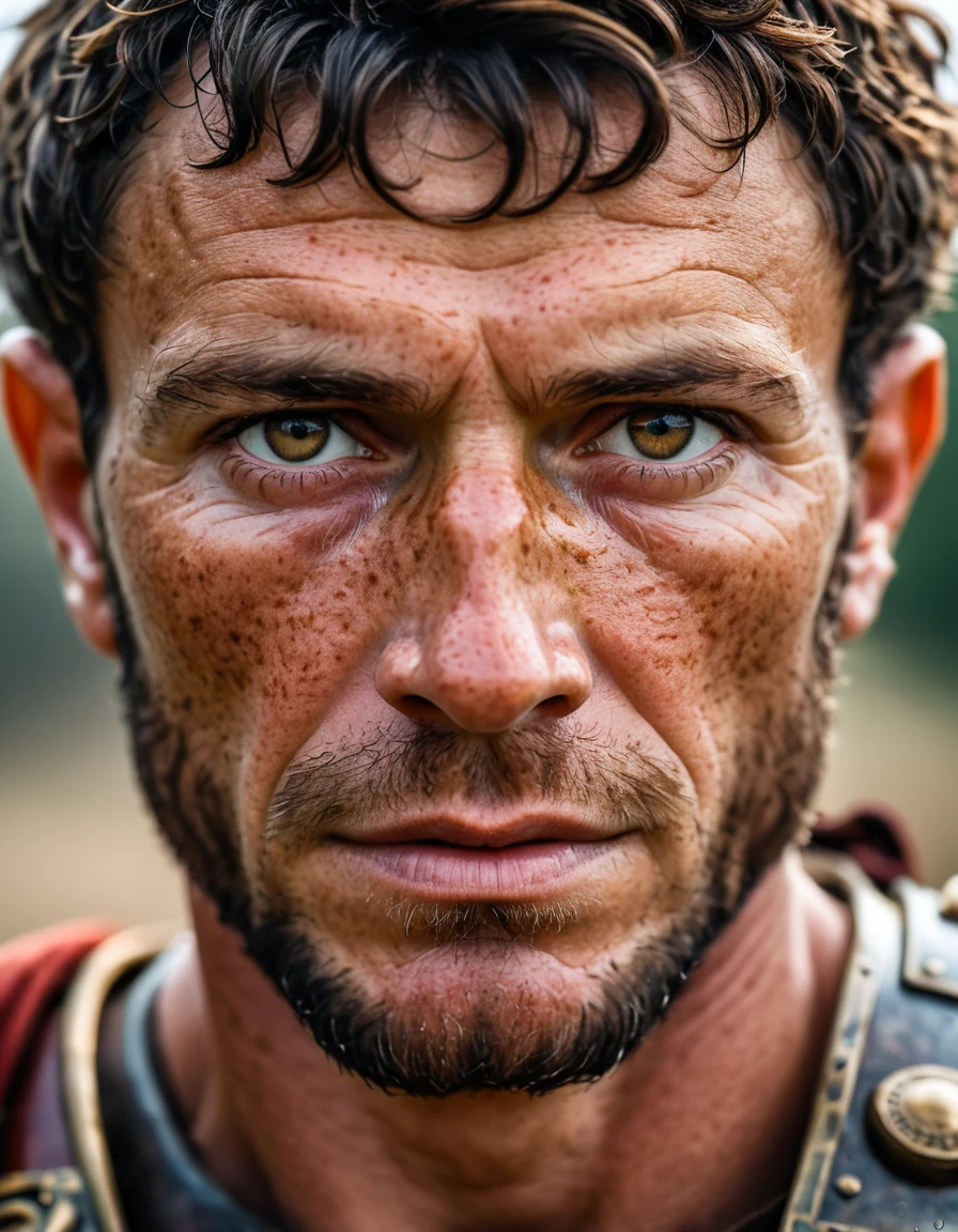 macro portrait of roman general, 100mmf/2.8 macro lenses, freckles, skin pores, pores, vellus hair, macro, extremely details, looking straight at the viewer, {{looking at the camera}}