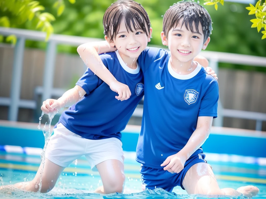 hot summer、、Summer swimming pool、Fun every day、Get wet all over、Japan Boy、Glowing water splashes、Pool lessons、Boy playing in water、The happy boys、Strong sunlight、Short sleeve gym uniform、Blue shorts、barefoot,Boys only 、10age、high resolution、masterpiece