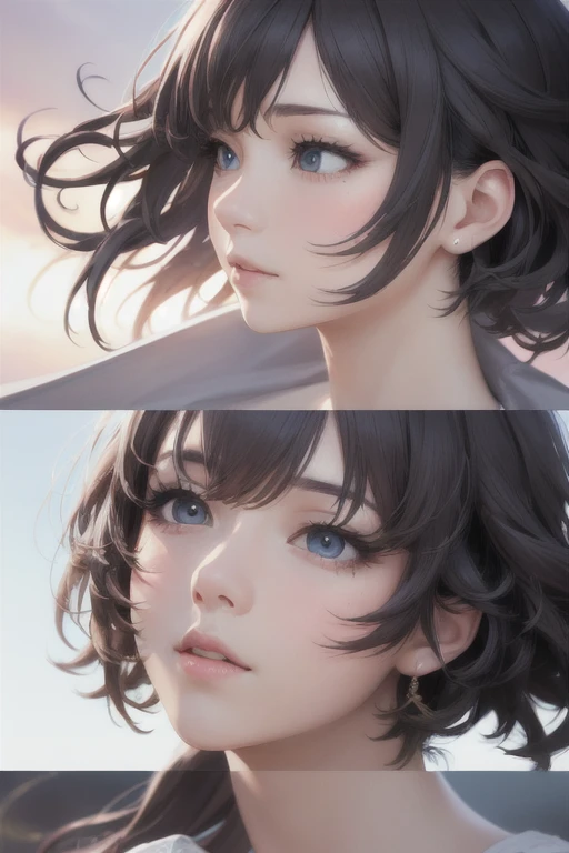 girl,Character design sheet,Beautiful attention to detail,Beautiful lip detail,Highly detailed eyes and face,Long eyelashes,Realistic,photoRealistic:1.37,Super detailed,Professional,Vibrant colors,Portraiture,Studio Lighting,Sharp focus,Physically Based Rendering,High resolution,超High resolution. blue eyes, Long Hair，Hair blowing in the wind、Black Hair，Lowering the eyes，