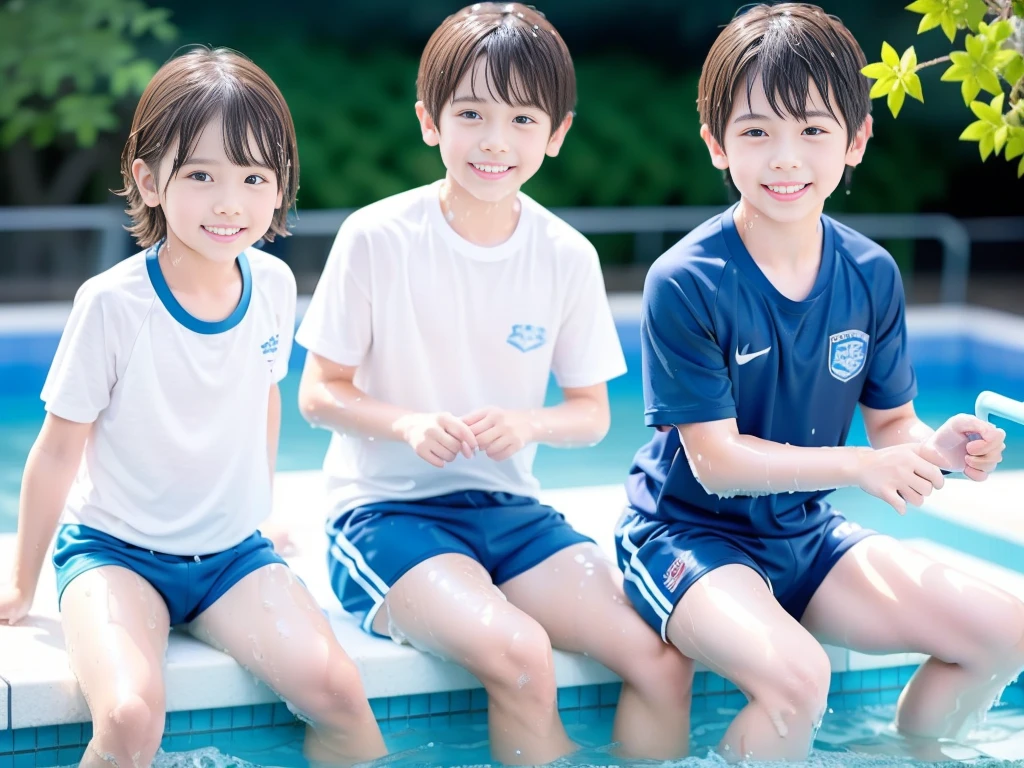 hot summer、、Summer swimming pool、Fun every day、Get wet all over、Japan Boy、Glowing water splashes、Pool lessons、Boy playing in water、The happy boys、Strong sunlight、Short sleeve gym uniform、Blue shorts、barefoot，Boys only 、１０age、high resolution、masterpiece