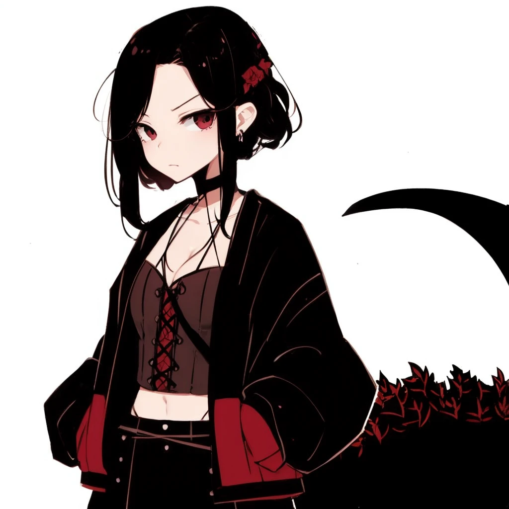 Make the woman in this image with big breasts and big thighs.