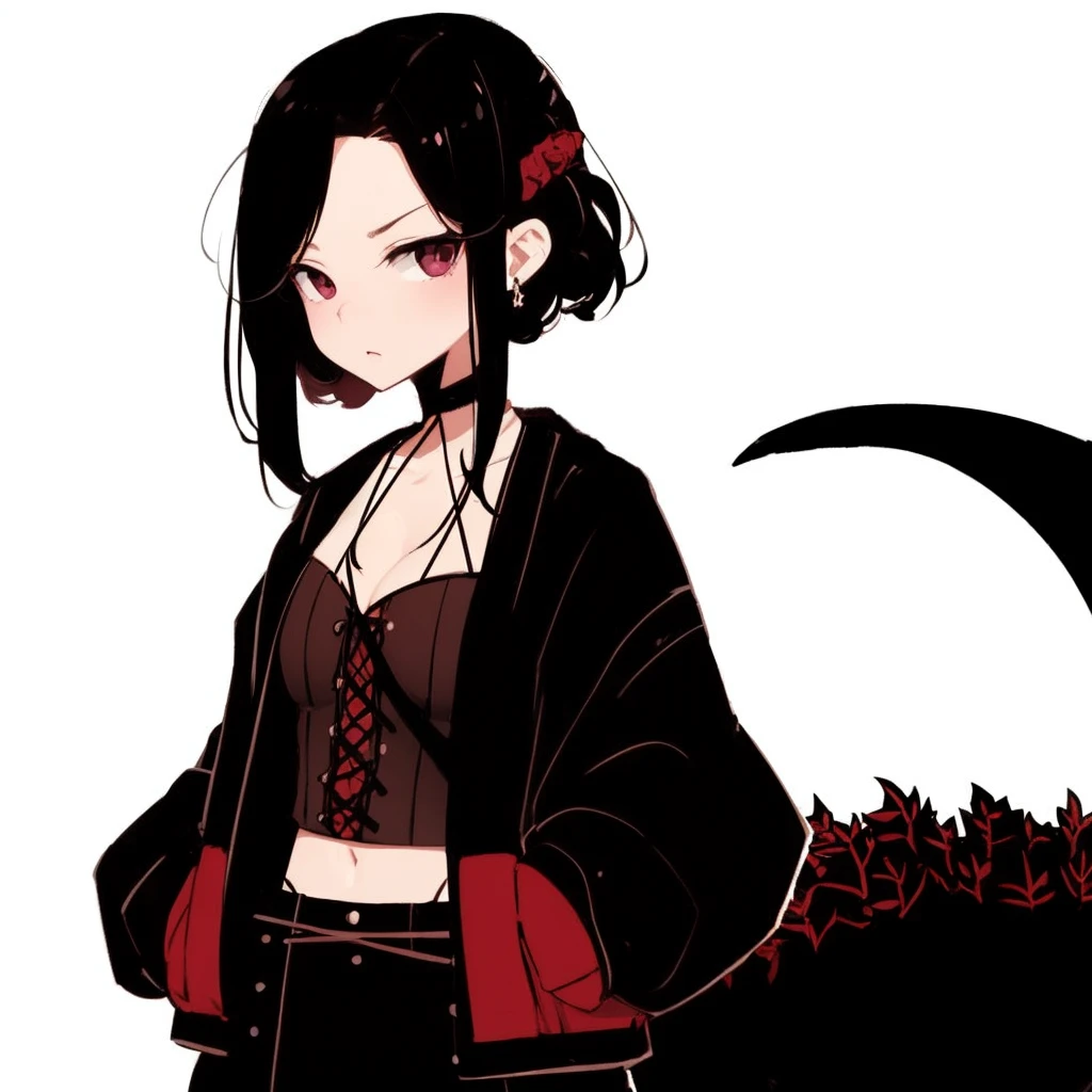 Make the woman in this image with big breasts and big thighs.