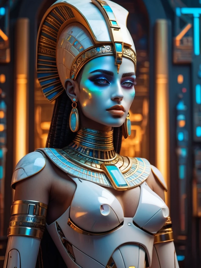 ral-opal, meahophontron, whole body, Woman robot face, Cyberpunk futurista, bust, cleopatra of egypt theme, Egypt background, demonic environment.